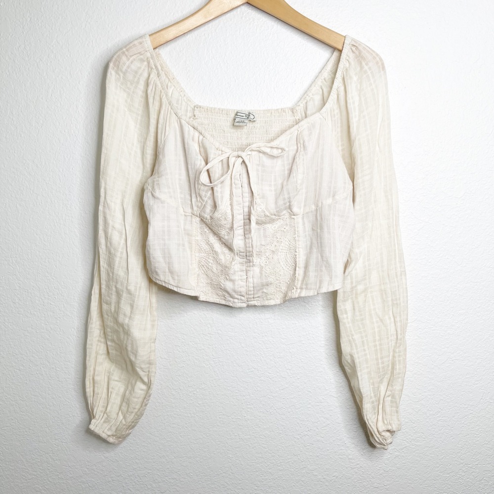 American Eagle Cream Cottagecore Lace Up Smocked Crop Top Long Sleeve Large